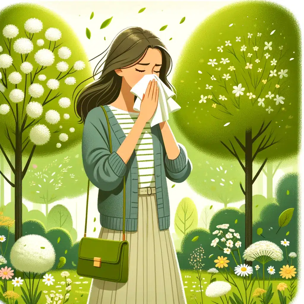 Femme éternuant à cause d'une allergie au pollen dans un parc au printemps